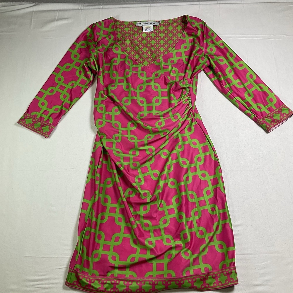 Gretchen Scott Faux Wrap Jersey Side Ruched Pink Green Shift 3/4 Sleeve Dress S